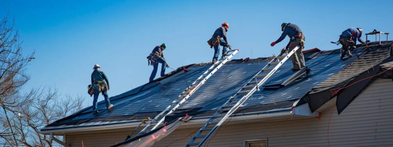 a team of roofing contractors skillfully applying layers of epdm on a shingle roof, surrounded by ladders and safety harnesses, against the backdrop of a clear blue sky in a suburban neighborhood of saint paul, mn.