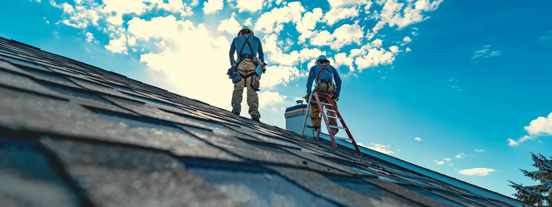 Essential Steps for a Watertight Seal on EPDM Roofs 2 a team of roofing contractors, equipped with ladders and safety harnesses, meticulously inspects an epdm roof for maintenance in a well-manicured suburban neighborhood under bright blue skies.