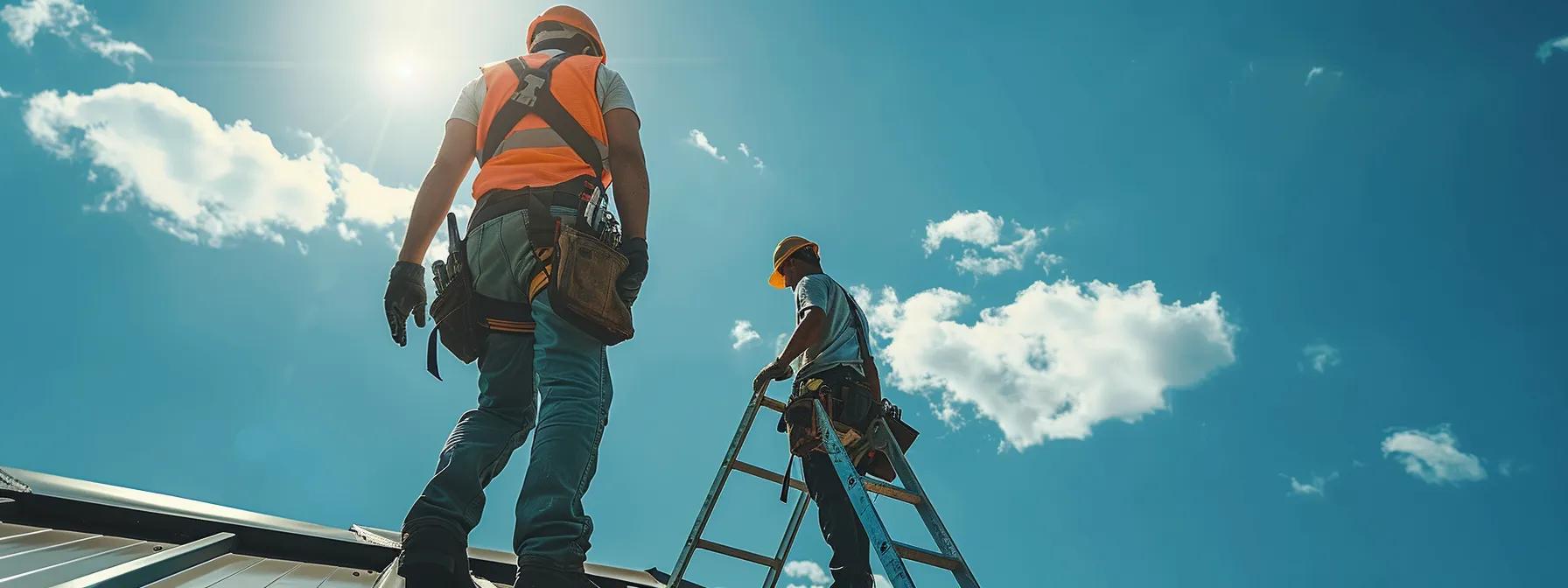 Your Step-by-Step Guide to Installing EPDM Roofing Effectively 3 a team of skilled roofing contractors efficiently installs epdm roofing on a contemporary suburban home in saint paul, mn, showcasing their attention to detail and safety with prominent ladders and harnesses against a backdrop of clear blue skies.