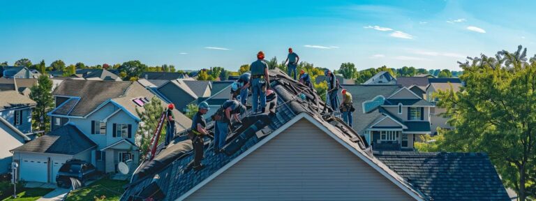 a vibrant scene of roofing contractors skillfully installing shingles on a sloped roof, surrounded by a suburban neighborhood in saint paul, mn, with ladders and safety harnesses prominently featured under a clear blue sky.
