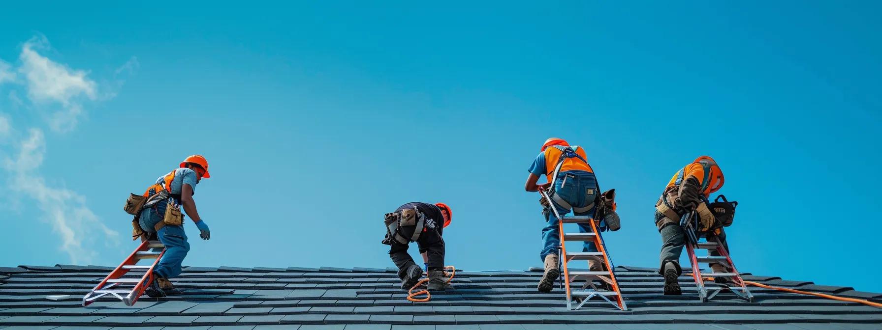 How Roofing Shingles Are Made: From Materials to Finish a vibrant scene of roofing contractors meticulously inspecting durable shingles on a suburban home, equipped with ladders and safety harnesses, framed against a clear blue sky in saint paul, mn, highlighting the dedication to quality and performance in roofing materials.