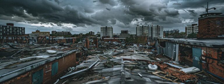 a dramatic urban rooftop scene showcases extensive storm damage, with scattered debris and torn tarpaulins under a dark, overcast sky, highlighting the destructive aftermath of severe weather.