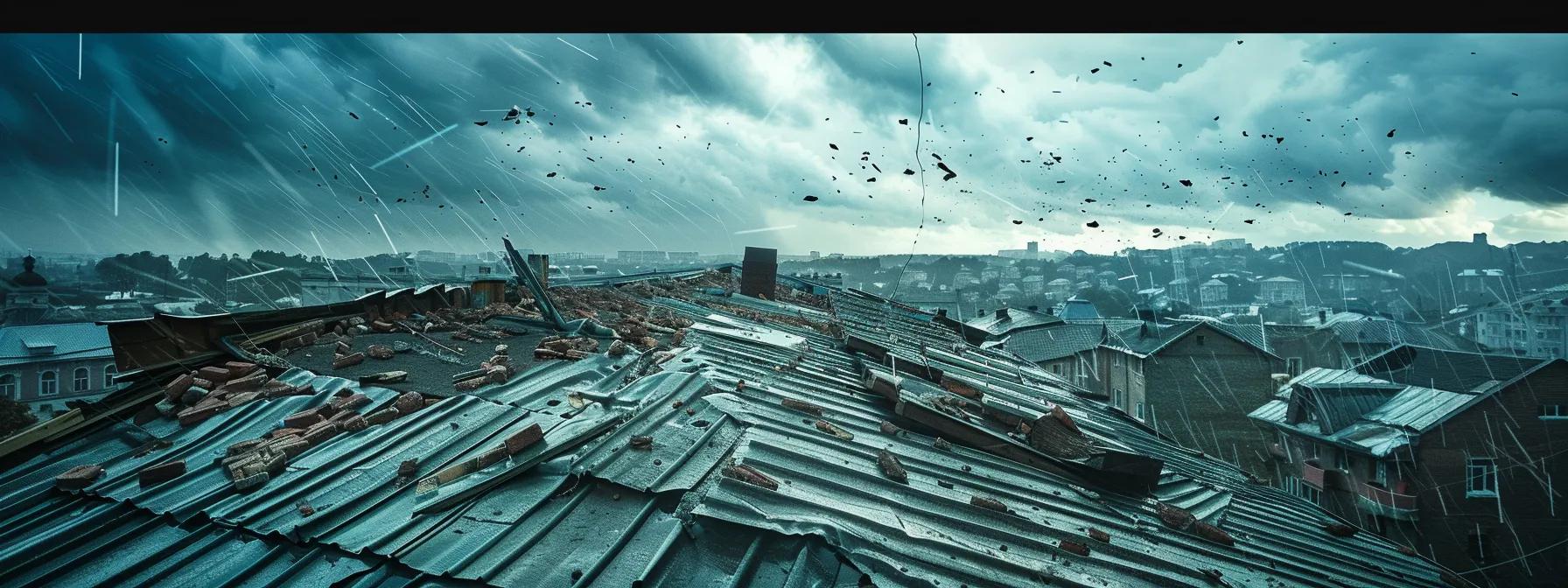 How and Why Roof Storm Damage Occurs: Key Information Revealed 3 a dramatic urban rooftop scene showcases a damaged roof battered by intense winds and hail, with debris scattered across the surface under a stormy sky, emphasizing the urgent need for weather-related maintenance and reinforcement strategies.