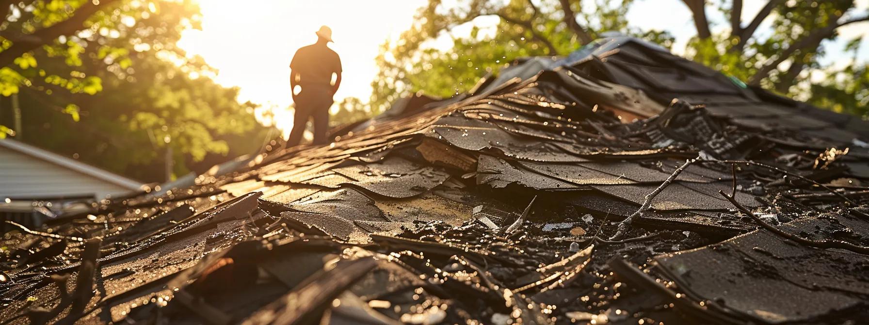 How and Why Roof Storm Damage Occurs: Key Information Revealed 1 a focused view of a homeowner inspecting a damaged roof in a suburban setting, with visible shingles missing and debris scattered, highlighting the seriousness of post-storm evaluations.