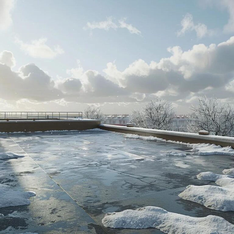 Commercial roof experiencing diverse weather effects including snow, rain, and sunlight