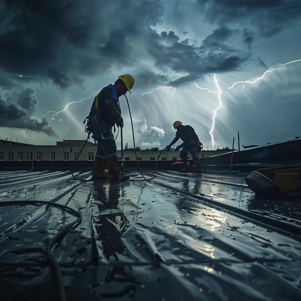 Signs of Roof Damage Every Business Should Know Workers installing protective measures on a commercial roof before a storm