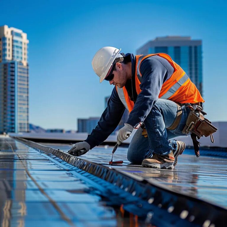 Professional roofing technician inspecting a commercial roof in a city setting