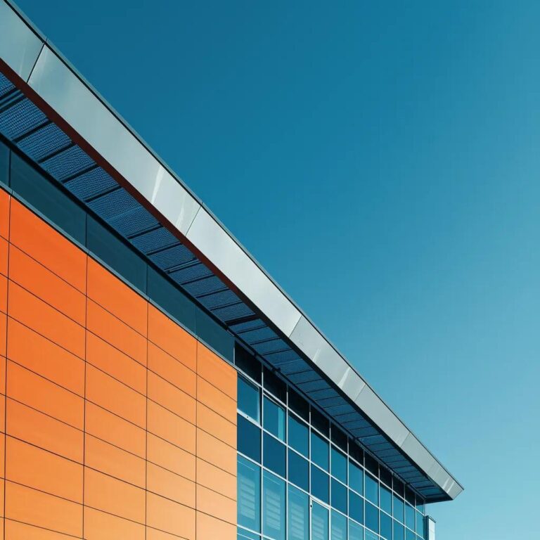 Commercial building featuring a durable rubber roofing system under a clear blue sky