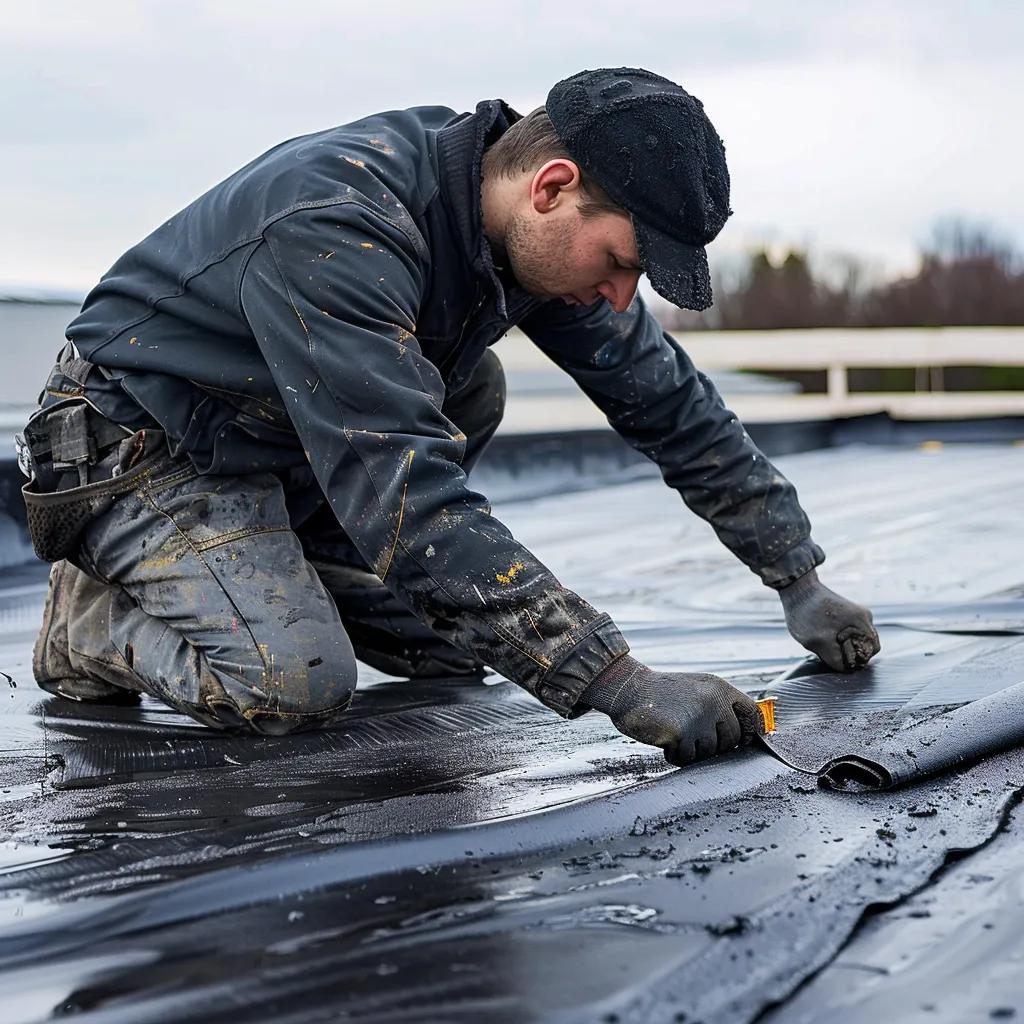 Understanding Commercial Flat Roof Types for Optimal Repair A roofing technician repairing an EPDM flat roof with patches and adhesive