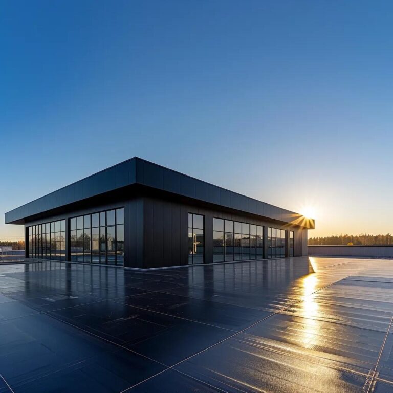 Commercial building with newly installed EPDM roofing system under a clear blue sky