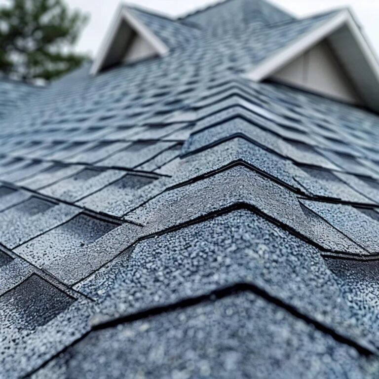 Residential roof with visible hail damage signs including granule loss and dents