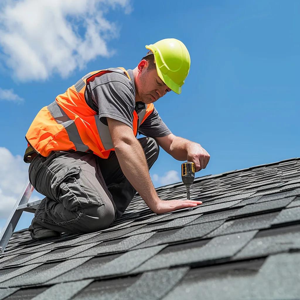 Roofing professional inspecting shingles and flashing for storm damage, highlighting inspection techniques