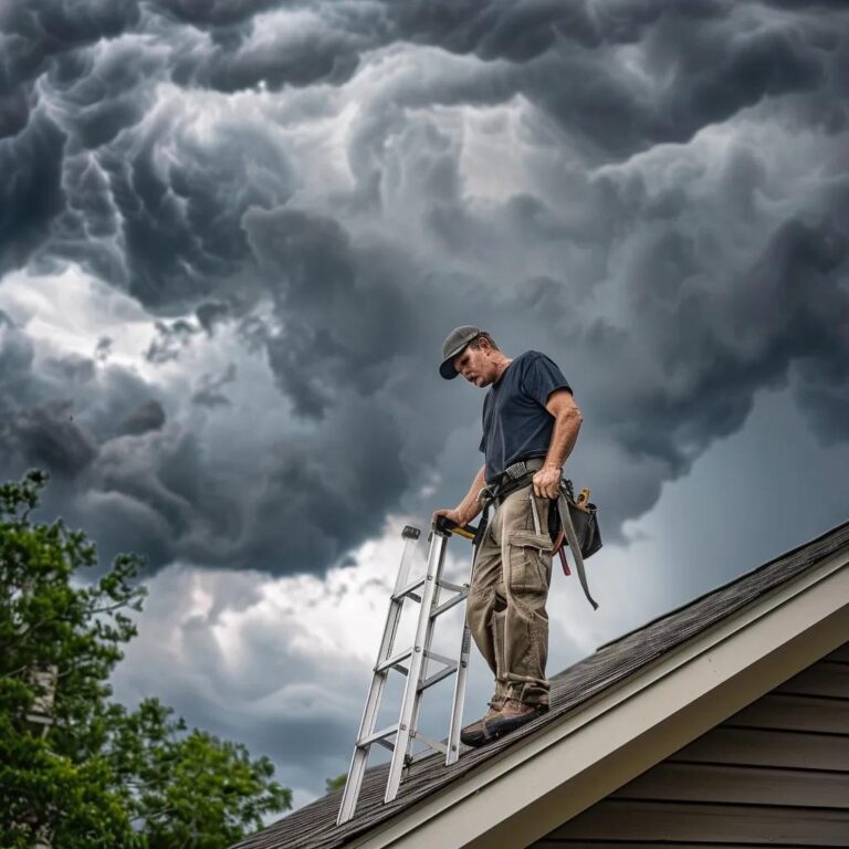 Homeowner inspecting a roof for severe weather preparation with storm clouds in the background