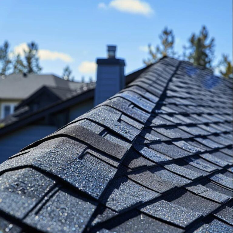 Residential roof with visible hail damage, showcasing granule loss and circular indentations