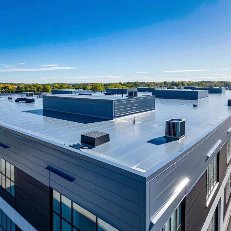 Various types of commercial flat roofs including TPO, EPDM, and metal roofs under a clear blue sky