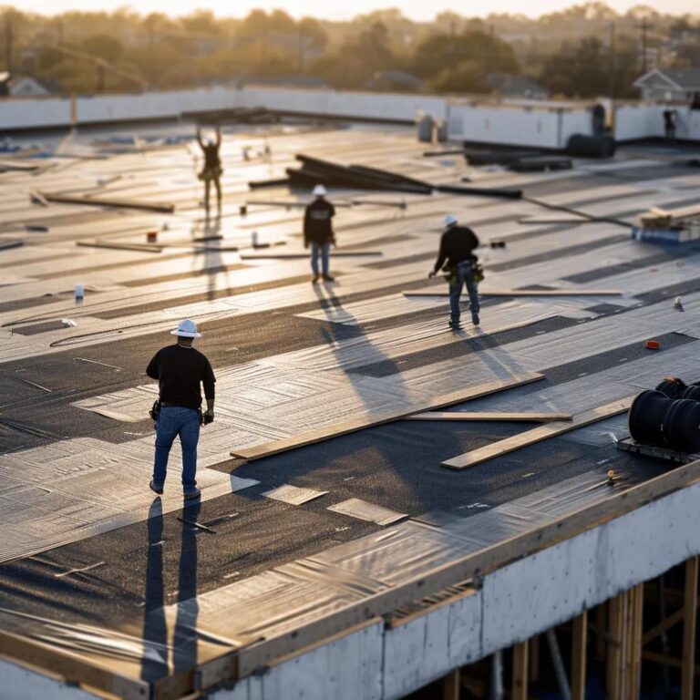 Newly installed commercial roof with various roofing materials and installation process