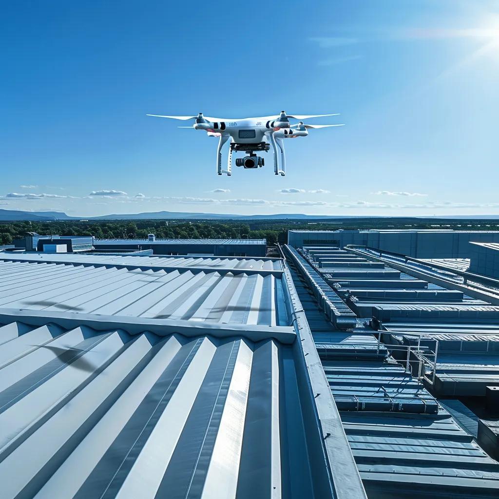Commercial Roof Maintenance Tips for Long-Lasting Protection Drone performing an inspection over a commercial roof for maintenance assessment