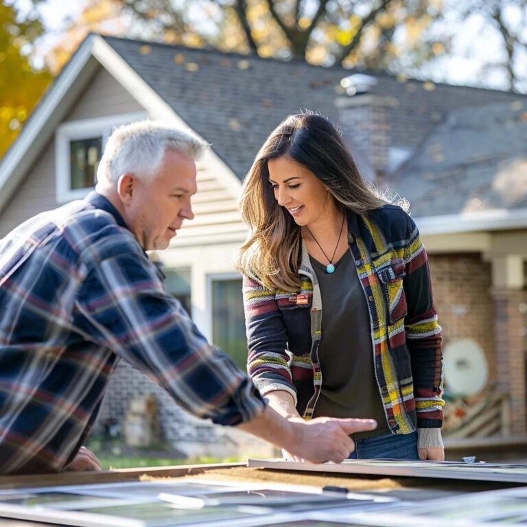 Homeowner and contractor discussing roofing options with materials visible in a suburban setting
