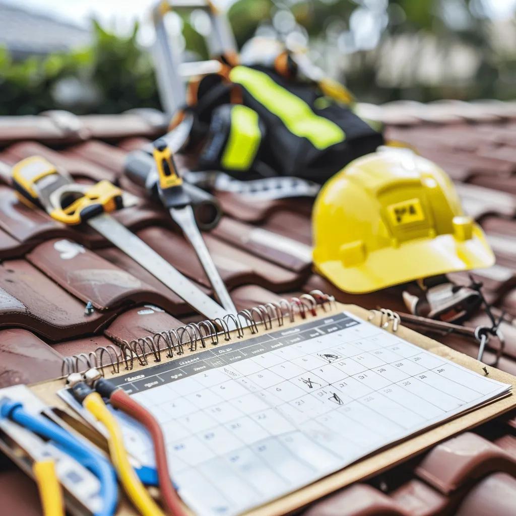 Local Roof Maintenance Services for Long-Lasting Commercial Roofs Calendar showing scheduled roof inspection dates with maintenance tools in the background