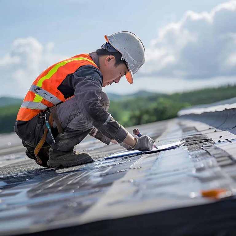 Commercial roofing contractor inspecting a flat roof with tools and safety gear