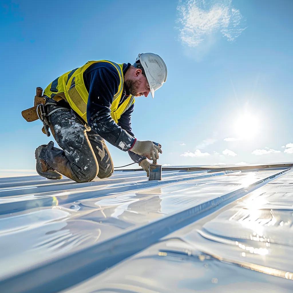 Weather Effects on Commercial Roof Repair Strategies Technician applying UV-protective coating on a commercial roof during summer