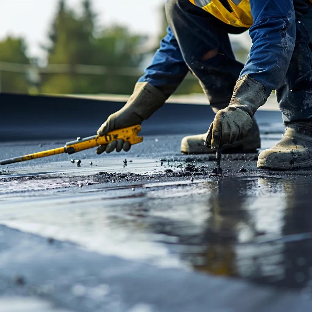EPDM Roofing Installation Essentials for Commercial Buildings Technician performing maintenance on an EPDM roofing system, inspecting for damage
