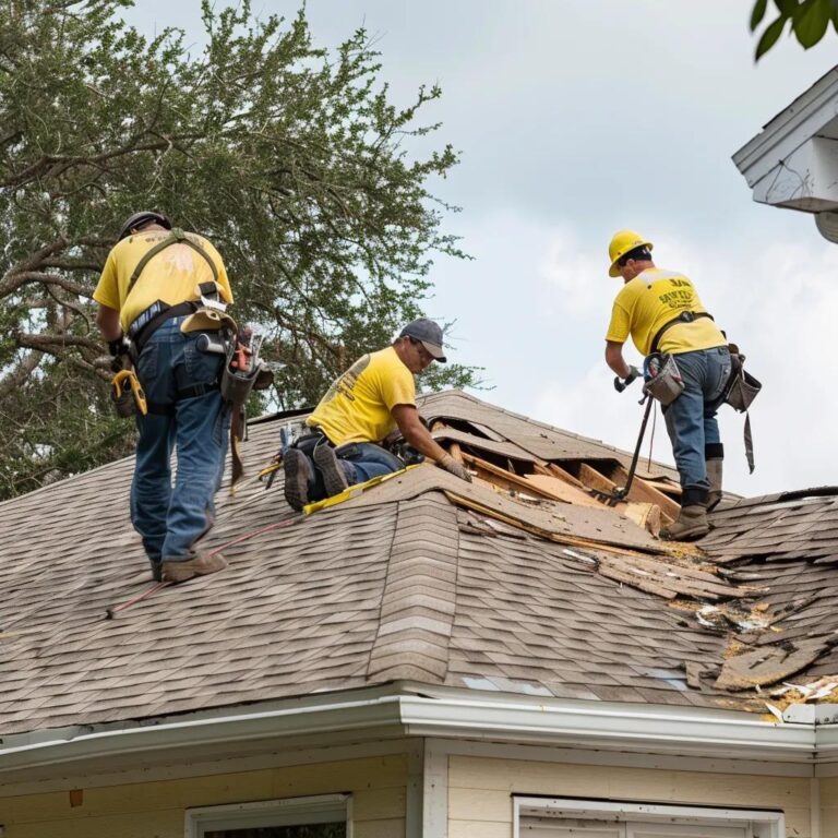 Roof repair workers fixing storm damage on a residential home
