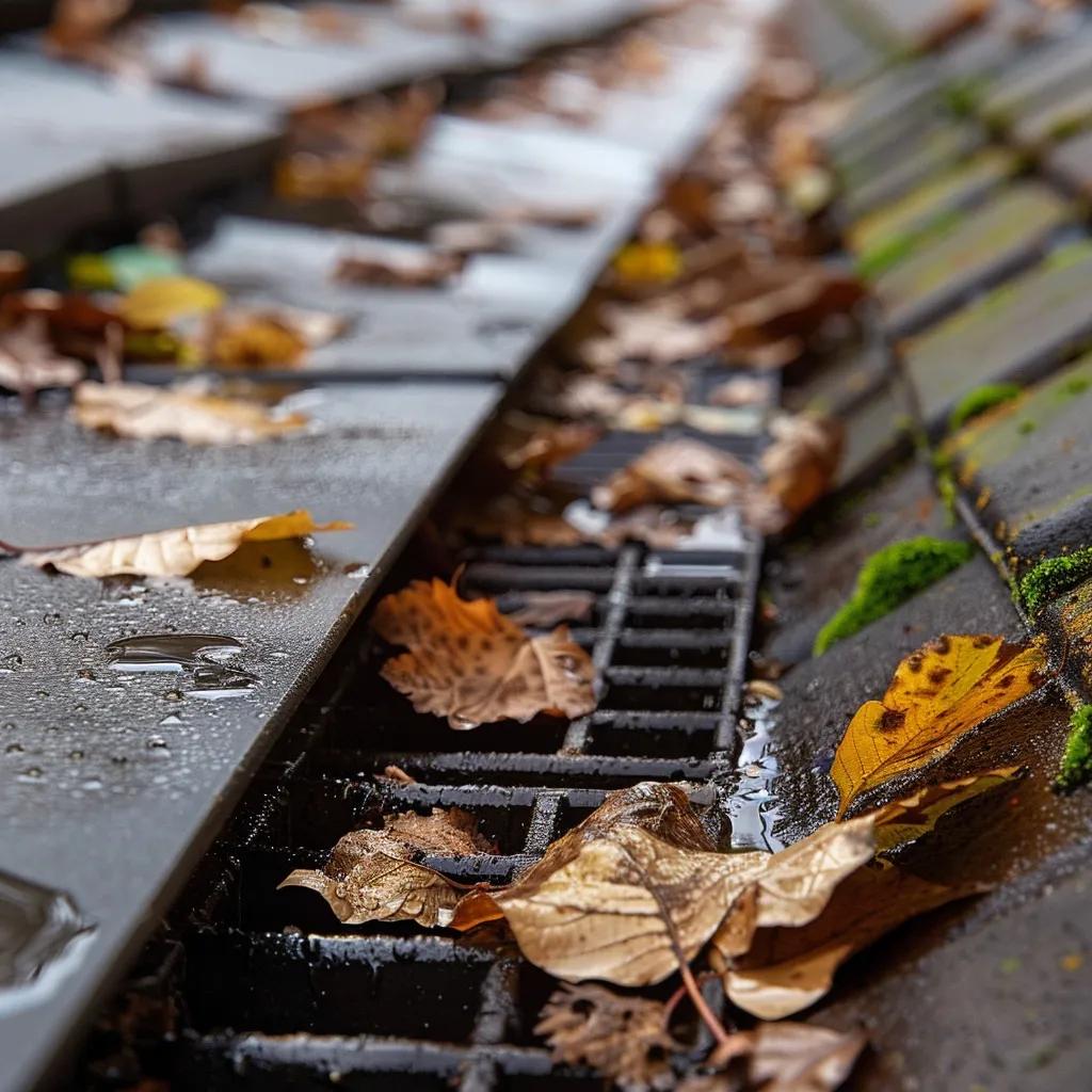 Clogged drain and gutter on a commercial roof, highlighting the impact of debris on roof health and drainage efficiency