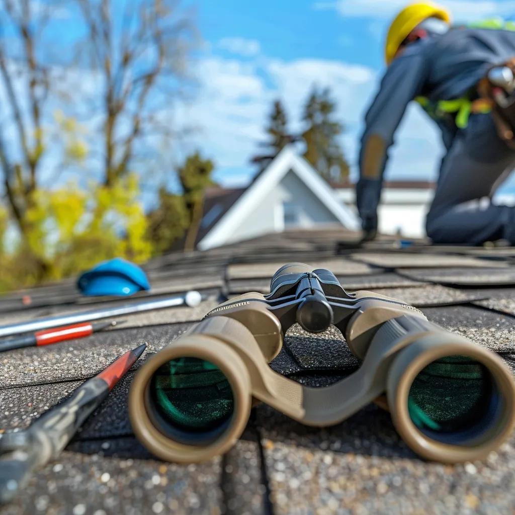 Person using binoculars for roof inspection, with inspection tools visible on the ground