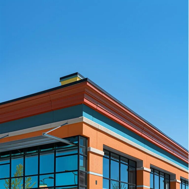 Commercial building with a well-maintained roof under a clear blue sky