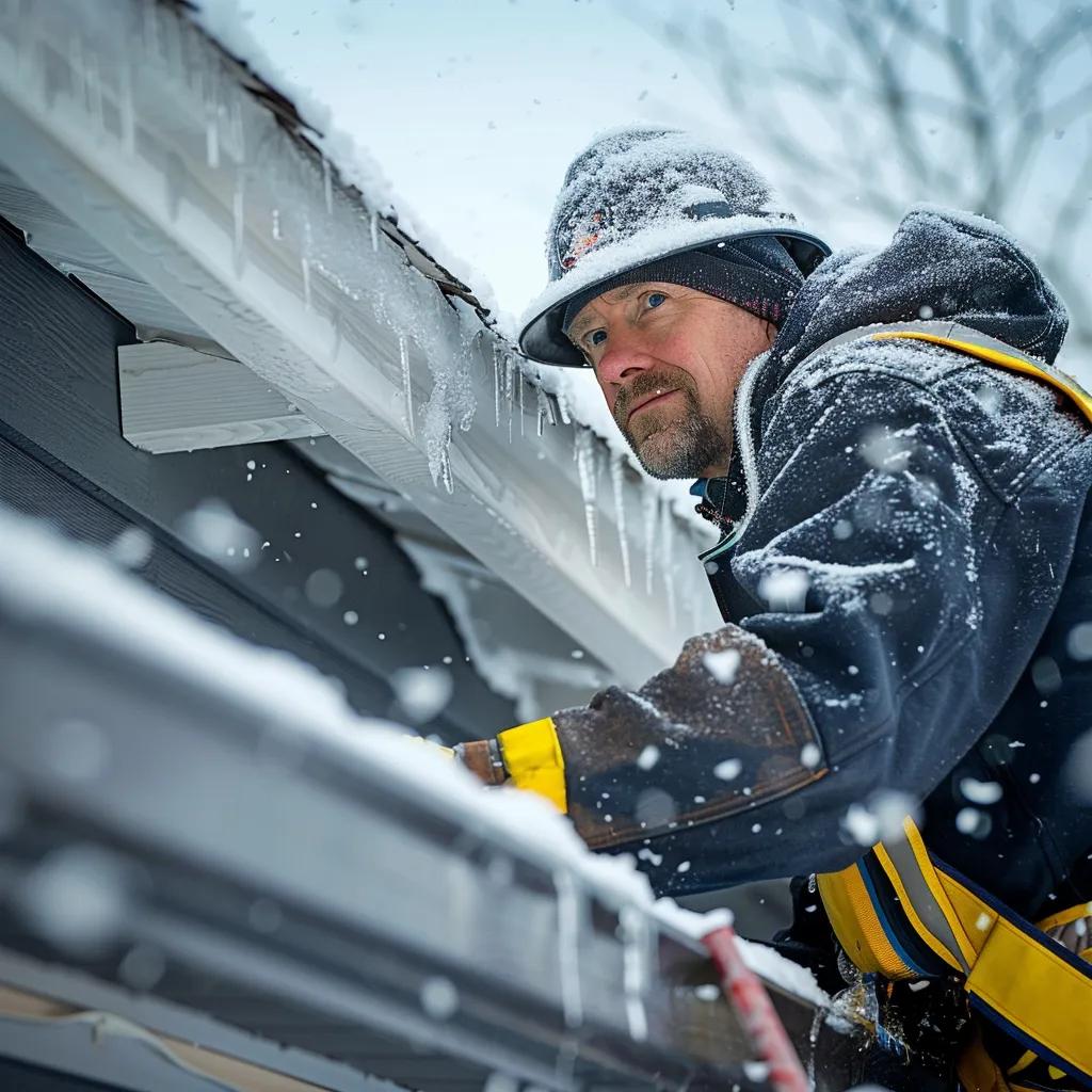 Professional roofer inspecting a snow-covered roof for ice dams in winter