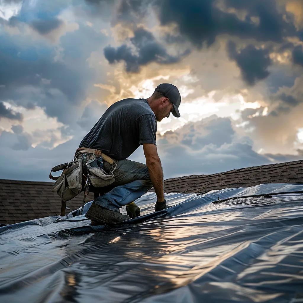 Roofer applying tarp on storm-damaged roof to prevent water intrusion