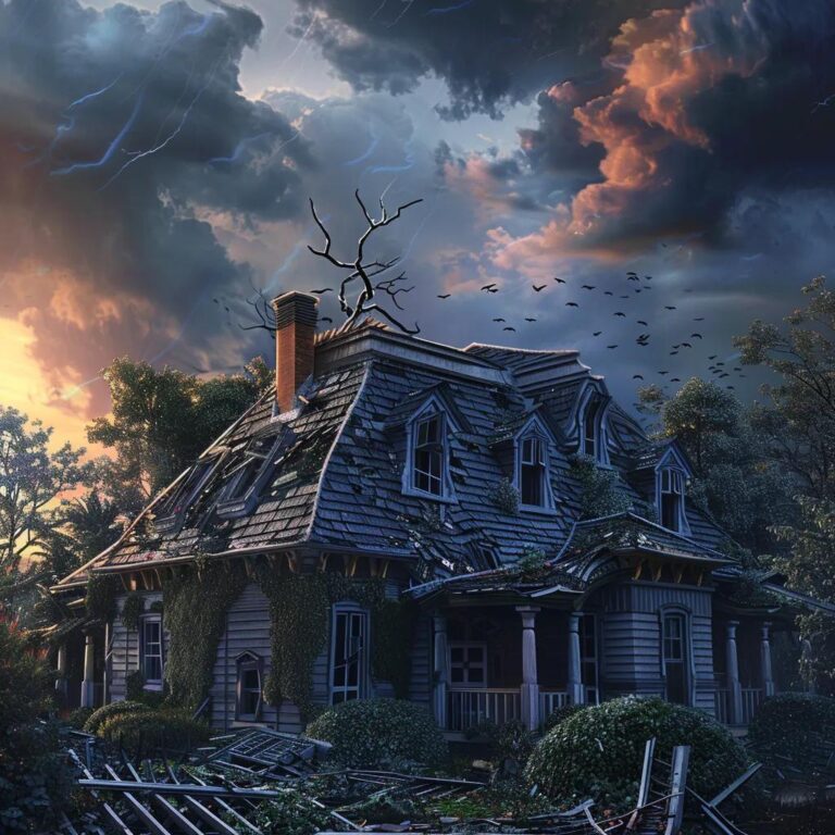House with storm-damaged roof and debris, highlighting emergency repair needs