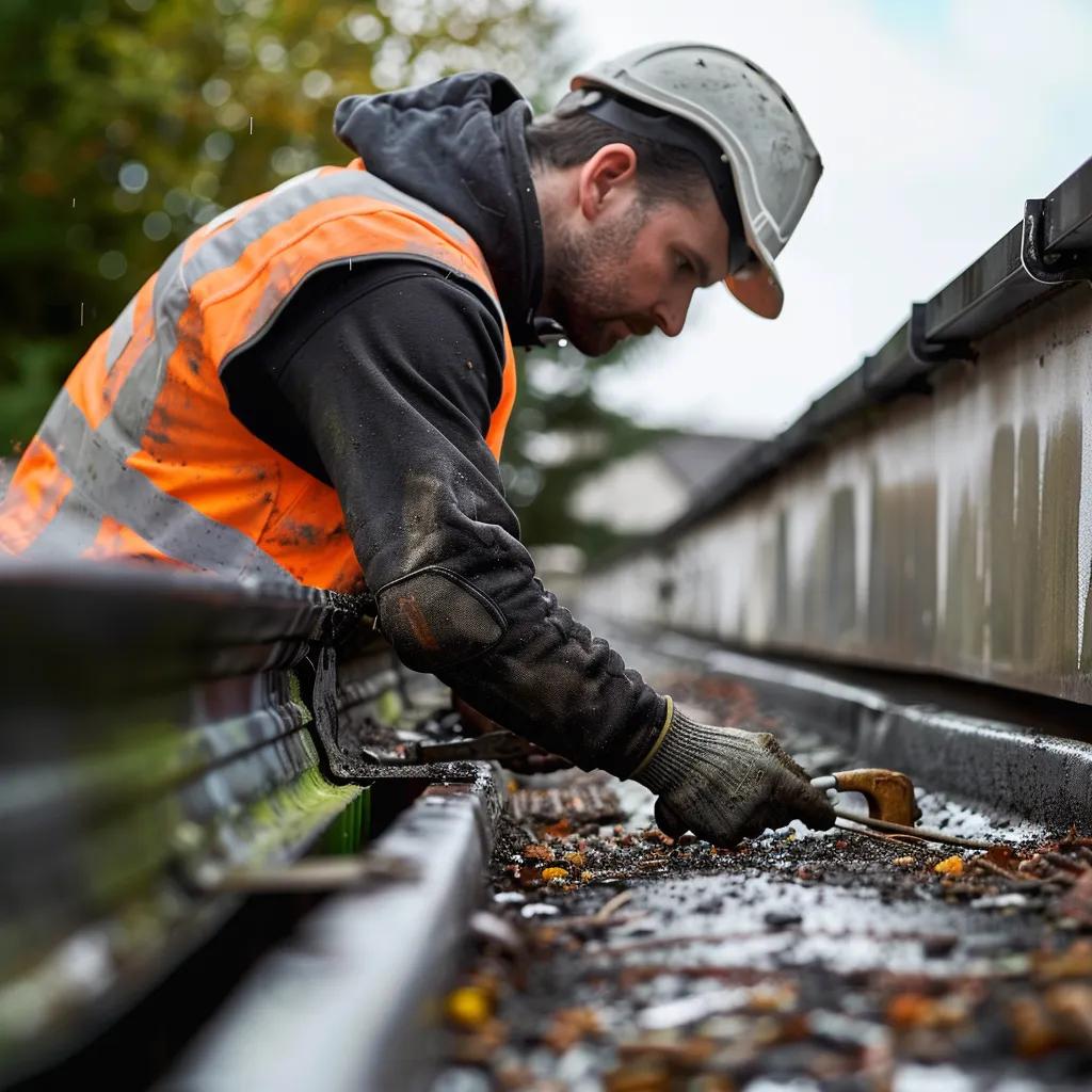 Worker inspecting a commercial roof drainage system for maintenance