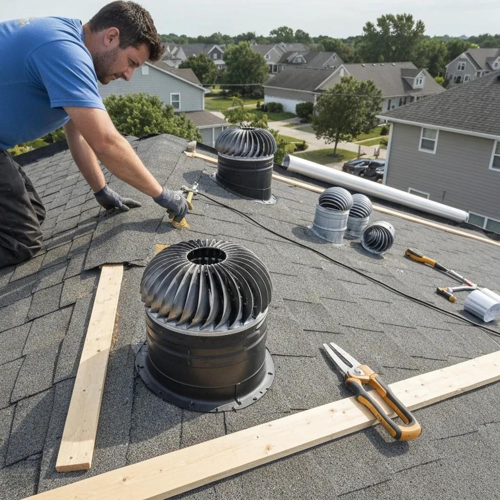 Turbine Vents and Energy Savings Explained Professional installer demonstrating the installation of turbine vents on a residential roof