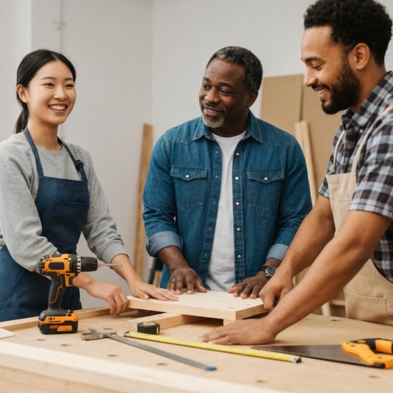 Essential DIY roof maintenance tools including a ladder, safety harness, and roofing hammer on a workbench