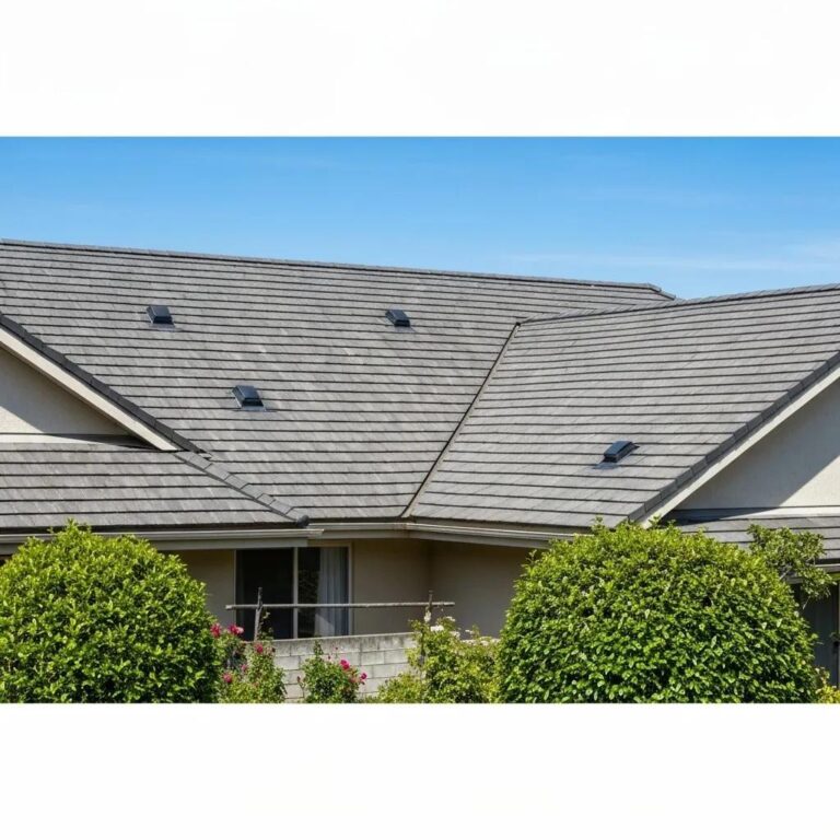 Well-maintained residential roof showcasing shingles and flashing under clear blue skies