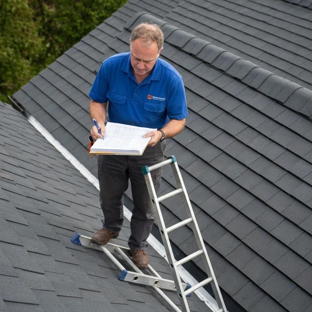 Person inspecting a roof with a checklist, highlighting the importance of roof inspections