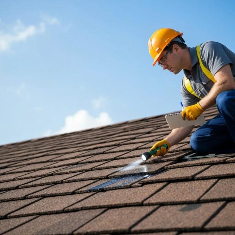 Professional inspecting a roof for leaks with tools, emphasizing roof leak repair techniques