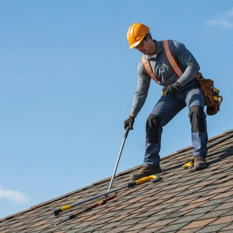 Professional roofer inspecting a residential roof for damage and repairs