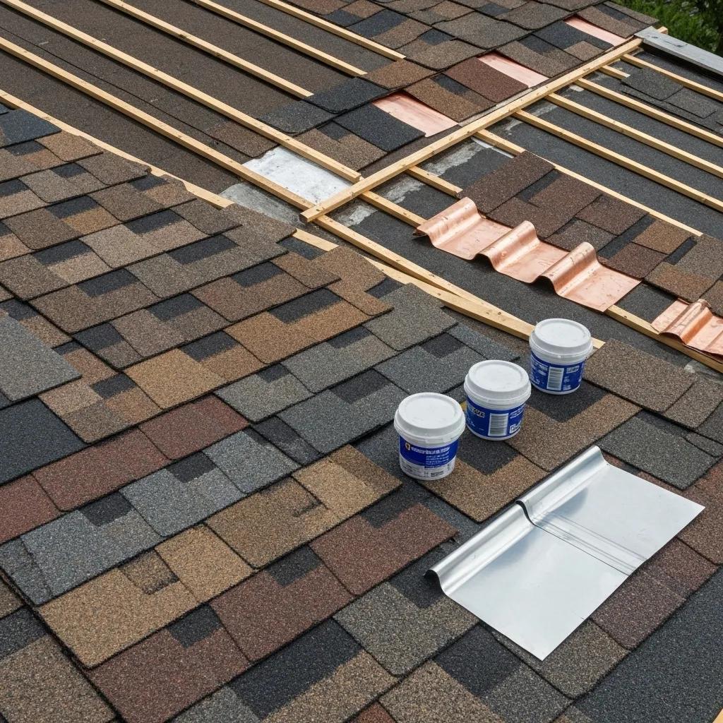 Essential Tools and Materials for Effective Roof Upkeep and Simple Repairs Explained Various roofing materials including asphalt shingles, roofing cement, and flashing for repairs