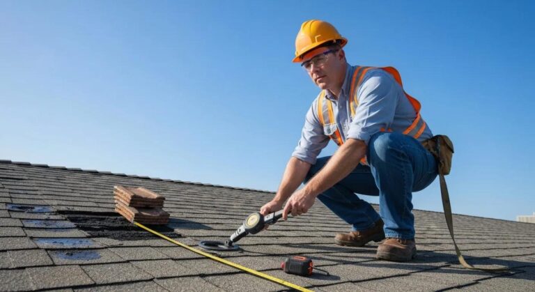 Professional inspecting a commercial flat roof for damage, emphasizing the importance of timely roof maintenance