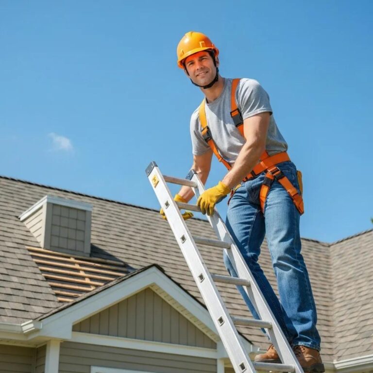 Homeowner replacing roof shingles with safety gear on a sunny day