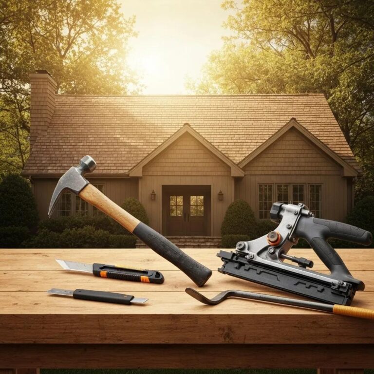 Tools in front of a house