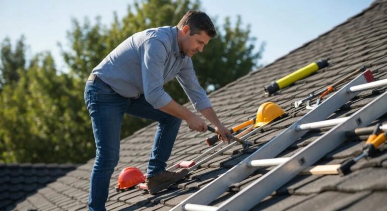 Homeowner inspecting roof with tools, emphasizing DIY preventive maintenance techniques