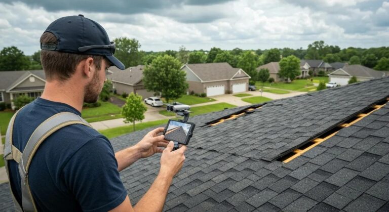 Professional roofer inspecting storm-damaged roof with drone technology
