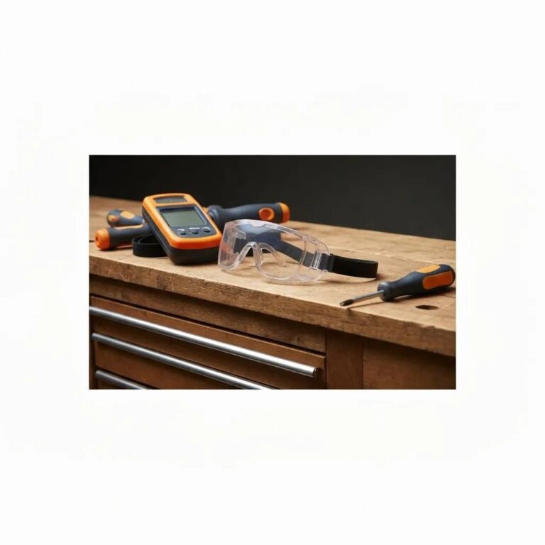 Essential roof maintenance tools including safety harness, roofing hammer, and moisture meter