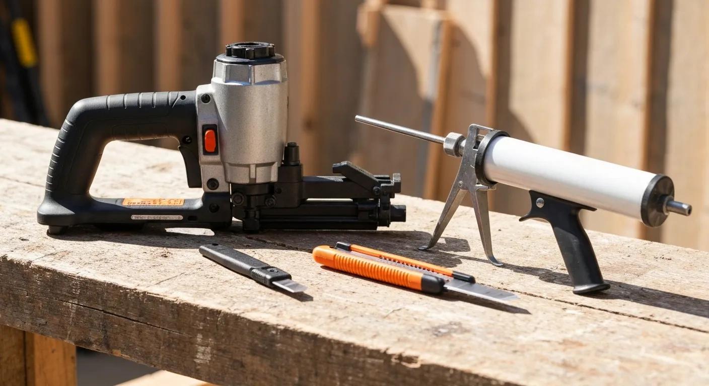 DIY roof repair tools including roofing nailer, utility knife, and caulking gun