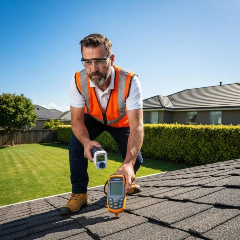 Professional roofing inspector assessing a residential roof with tools
