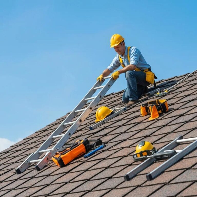 Homeowner inspecting roof with tools, emphasizing DIY roof care